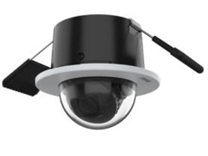 Axis M3098-H inbouw mini dome camera met zwarte behuizing, witte plafondrand en montageklemmen.