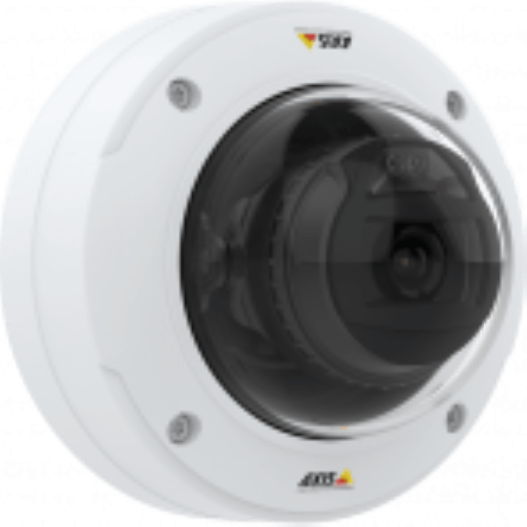 Witte Axis P3277-VE 5MP outdoor domecamera met vandalismebestendige behuizing en zwarte lenskap.