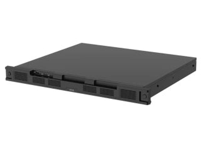 Zwarte Axis S4000 1U rack recorder met vier hot-swappable HDD-slots en een strak, professioneel metalen ontwerp.