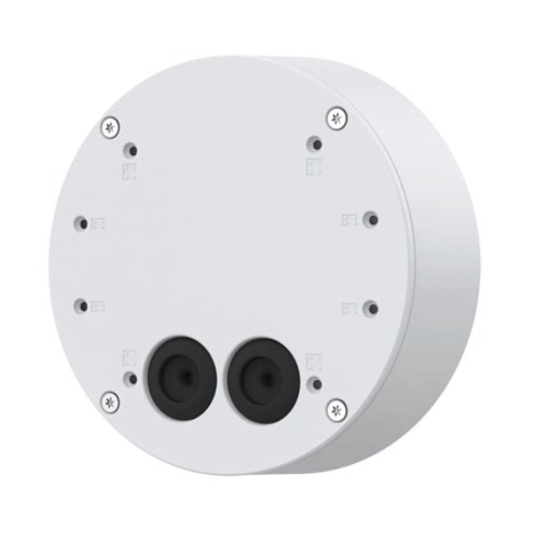Witte, ronde Axis TQ1602-E kabeldoos met twee zwarte kabeldoorvoeren en montagepunten voor bulletcamera's.
