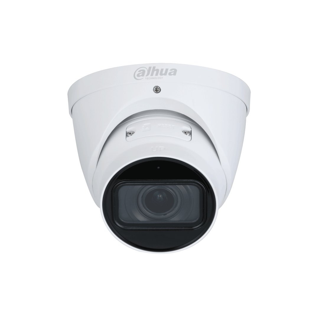 Witte Dahua WizMind 2MP eyeball beveiligingscamera met motorized lens en strak design voor professionele bewaking.