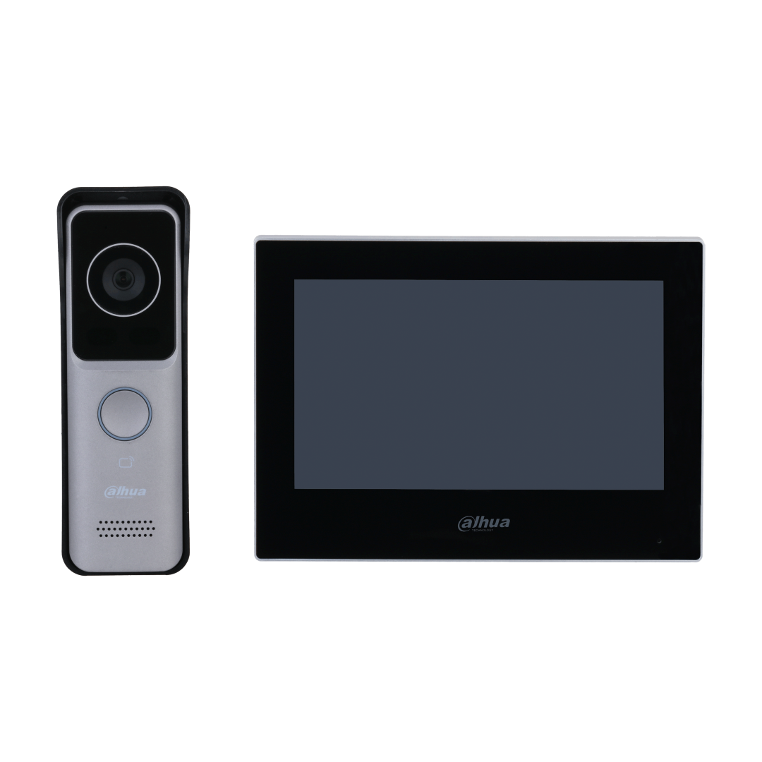 Dahua WiFi video intercom kit met slanke lichtgrijze buitenpost en zwarte 7-inch touchscreen binnenmonitor.