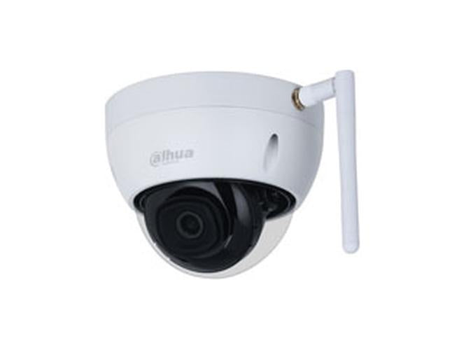 Witte Dahua 4MP WiFi dome beveiligingscamera met zwarte lens en externe antenne voor draadloze installatie.