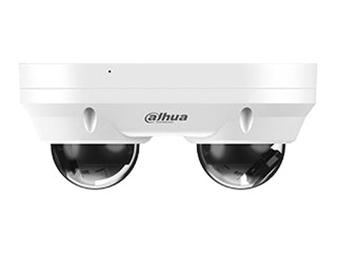Witte Dahua WizSense dual-lens dome camera met twee onafhankelijke 4MP lenzen voor brede bewakingsdekking.