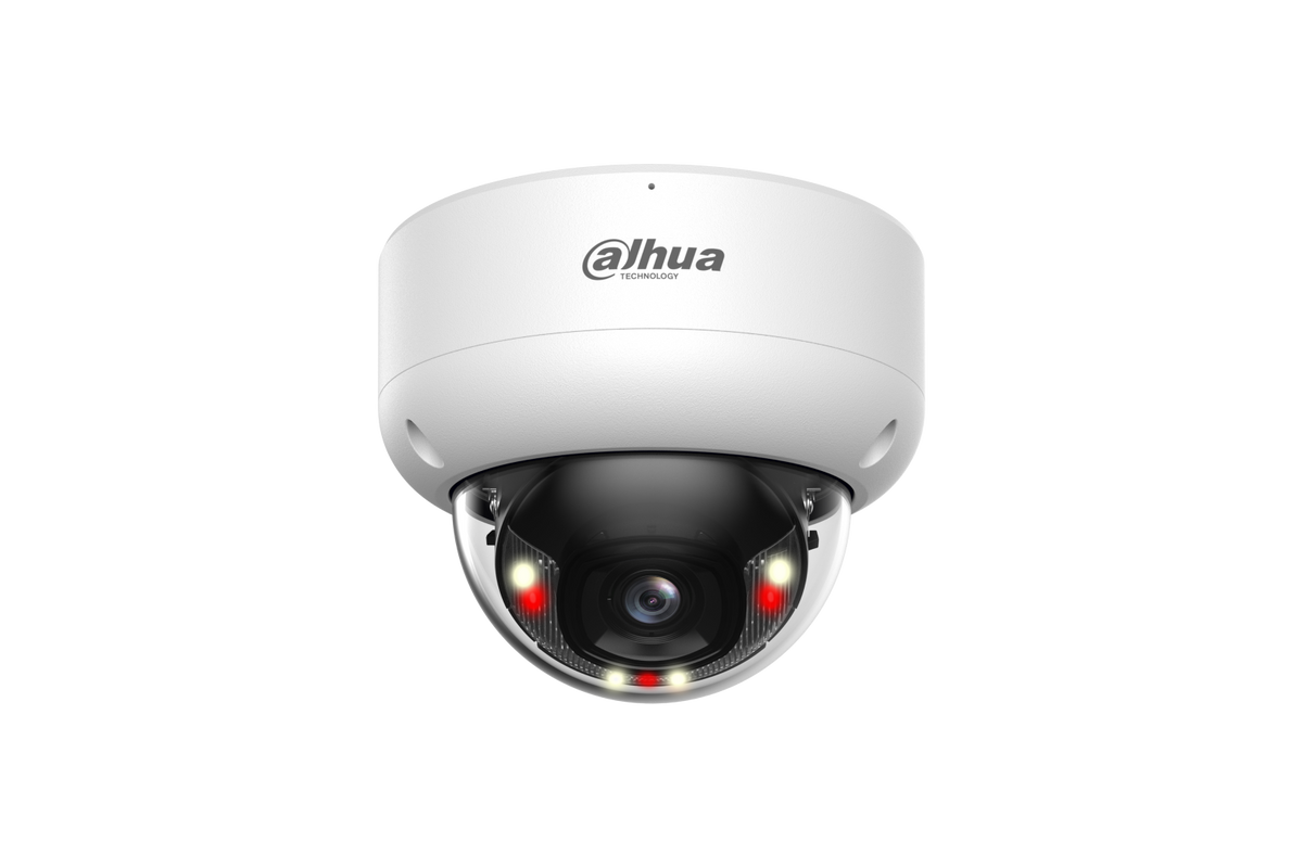 Witte Dahua 8MP 4K mini dome camera met zwarte lensbehuizing, dual-light verlichting en strak design voor beveiliging.