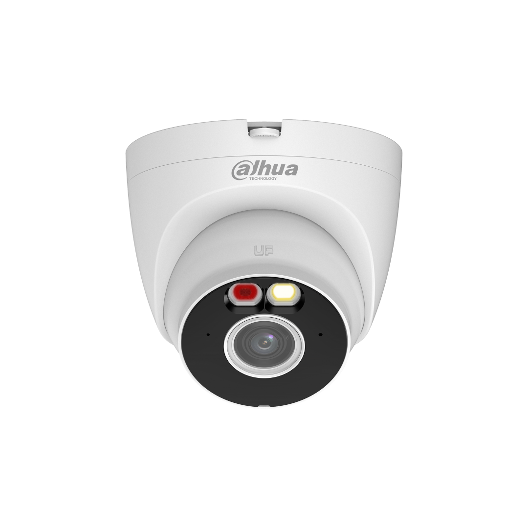 Witte Dahua 5MP WiFi 6 turret beveiligingscamera met Smart Dual Light en 2.8mm lens voor actieve afschrikking.