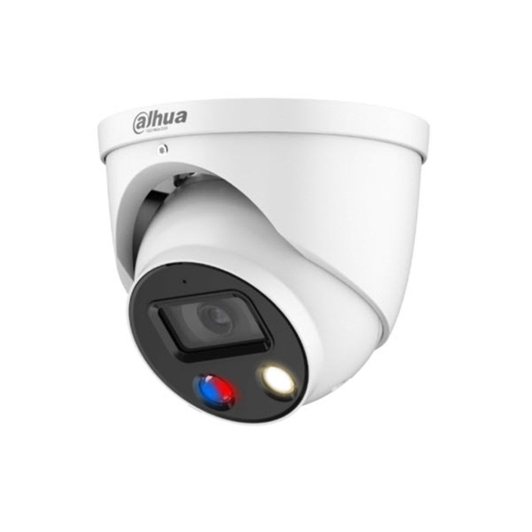 Witte Dahua 5MP TiOC eyeball beveiligingscamera met actieve afschrikking, rood-blauw licht en full-color nachtzicht.