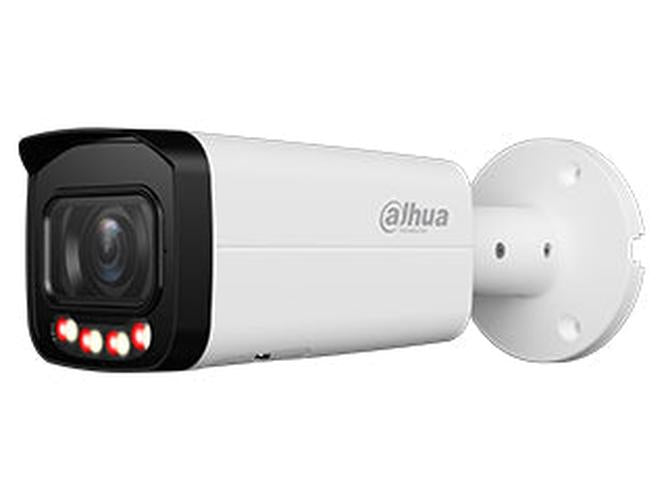 Witte Dahua WizSense bullet camera met zwarte lensbehuizing, Smart Dual Light en verstelbare muurbeugel.