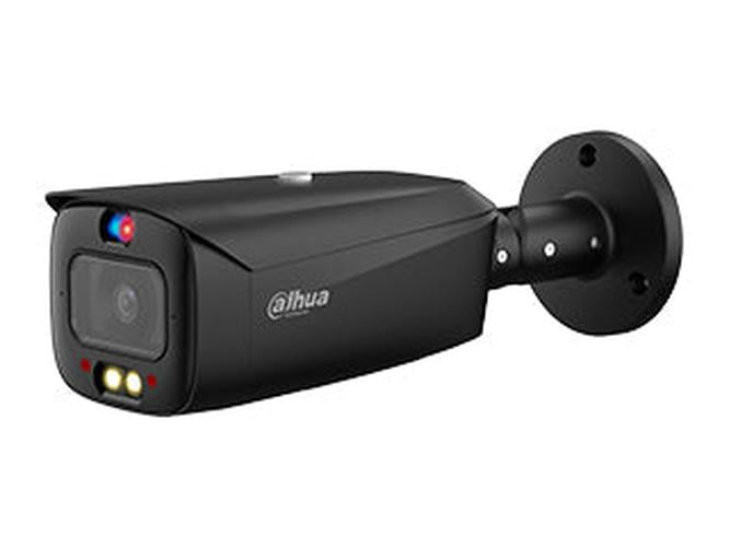 Zwarte Dahua 4MP TiOC bullet camera met Smart Dual Light, rode en blauwe afschrikkingsverlichting en wandmontagebeugel.
