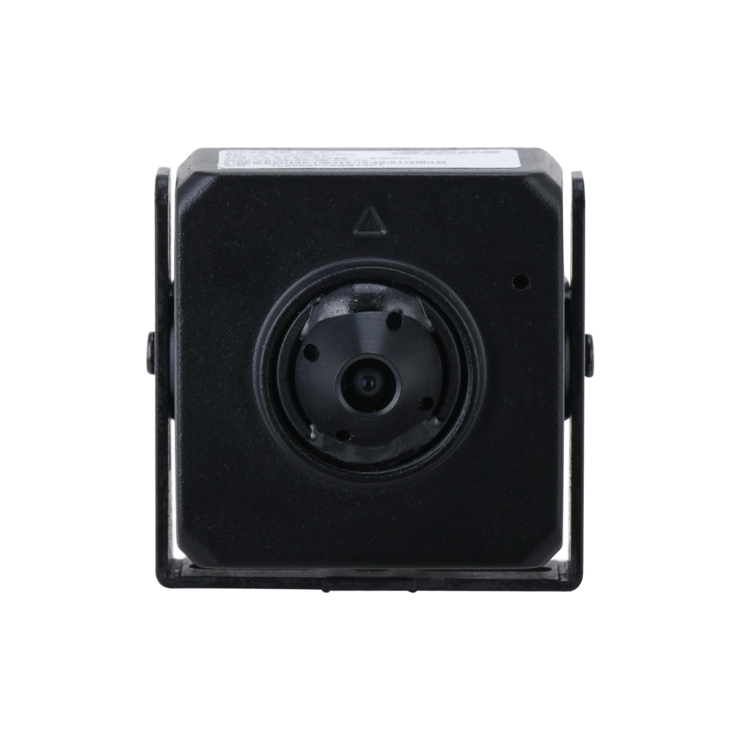 Zwarte Dahua IPC-HUM4431SP-L4 compacte 4MP pinhole camera in vierkante flush-mount behuizing met montagebeugel.