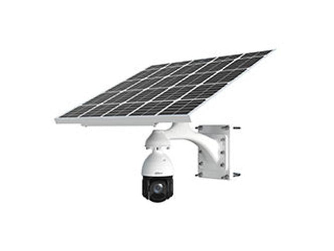 Witte Dahua PTZ-camera met zonnepaneel en muurbeugel voor draadloze 4G-bewaking op afgelegen locaties.