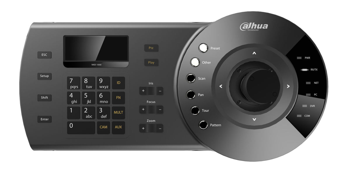 Dahua NKB1000 PTZ-toetsenbord in grijs met 3D-joystick, numeriek toetsenblok, LCD-scherm en functieknoppen voor camerabediening.