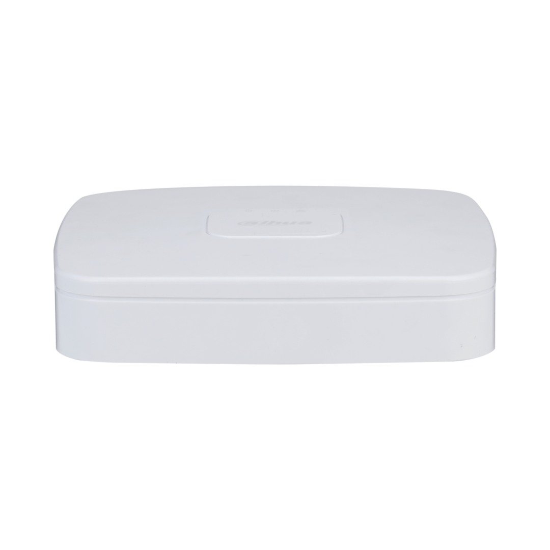 Compacte witte Dahua NVR4104-P-EI 4-kanaals netwerk videorecorder met strak design en WizSense AI-technologie.
