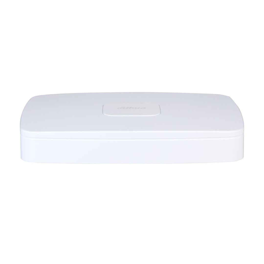 Compacte witte Dahua NVR4108-8P-4KS3 netwerk videorecorder met strak design en centraal geplaatst logo.