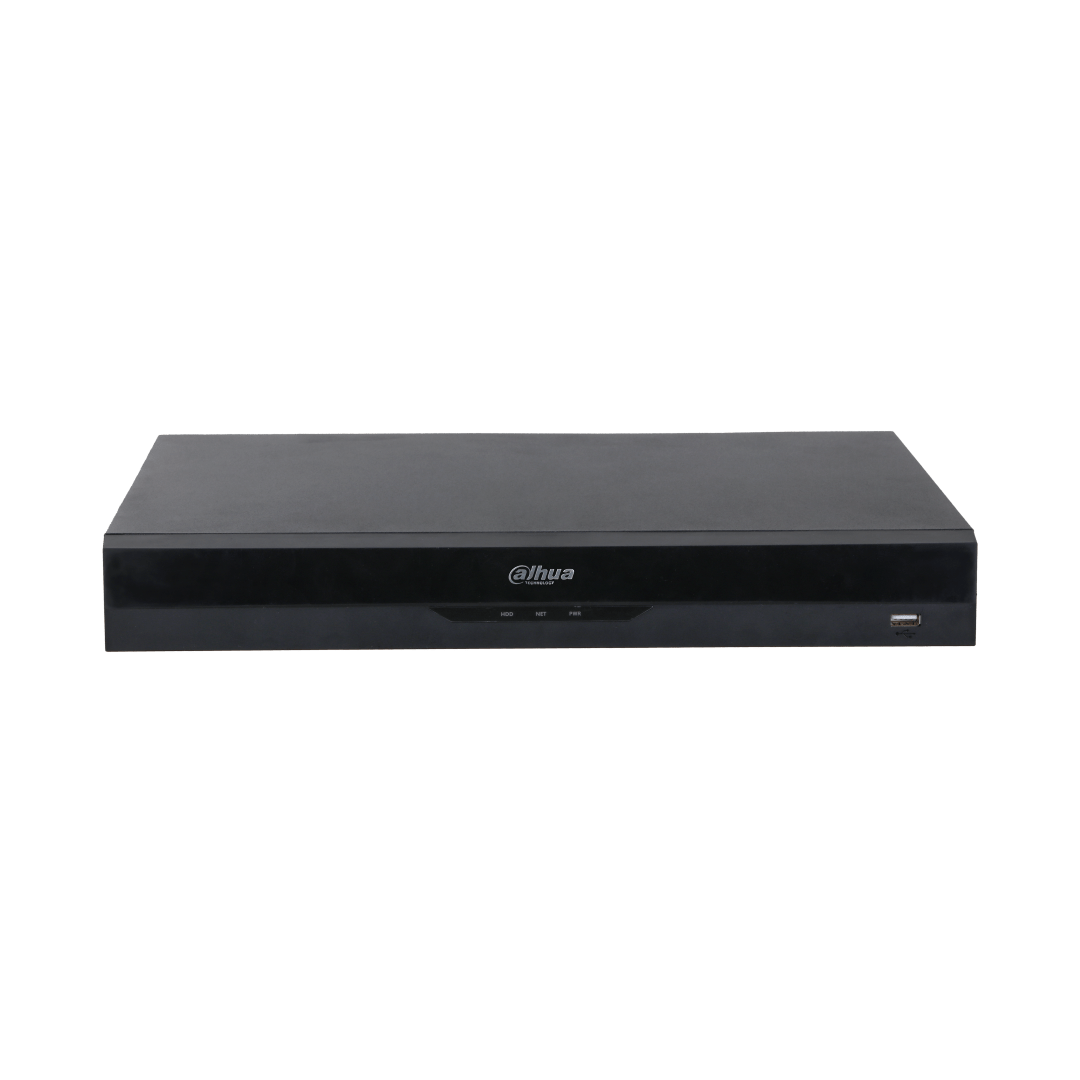 Zwarte Dahua NVR5216-EI2 16-kanaals netwerk videorecorder met USB-poort en statuslampjes aan de voorzijde.