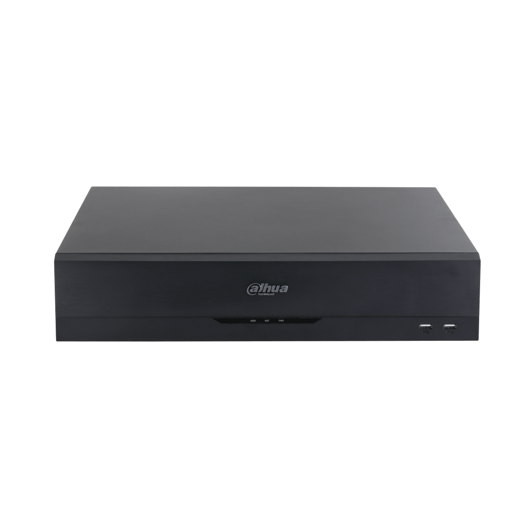 Zwarte Dahua NVR5864-EI2 64-kanaals netwerk videorecorder met strak metalen design en twee USB-poorten aan de voorzijde.