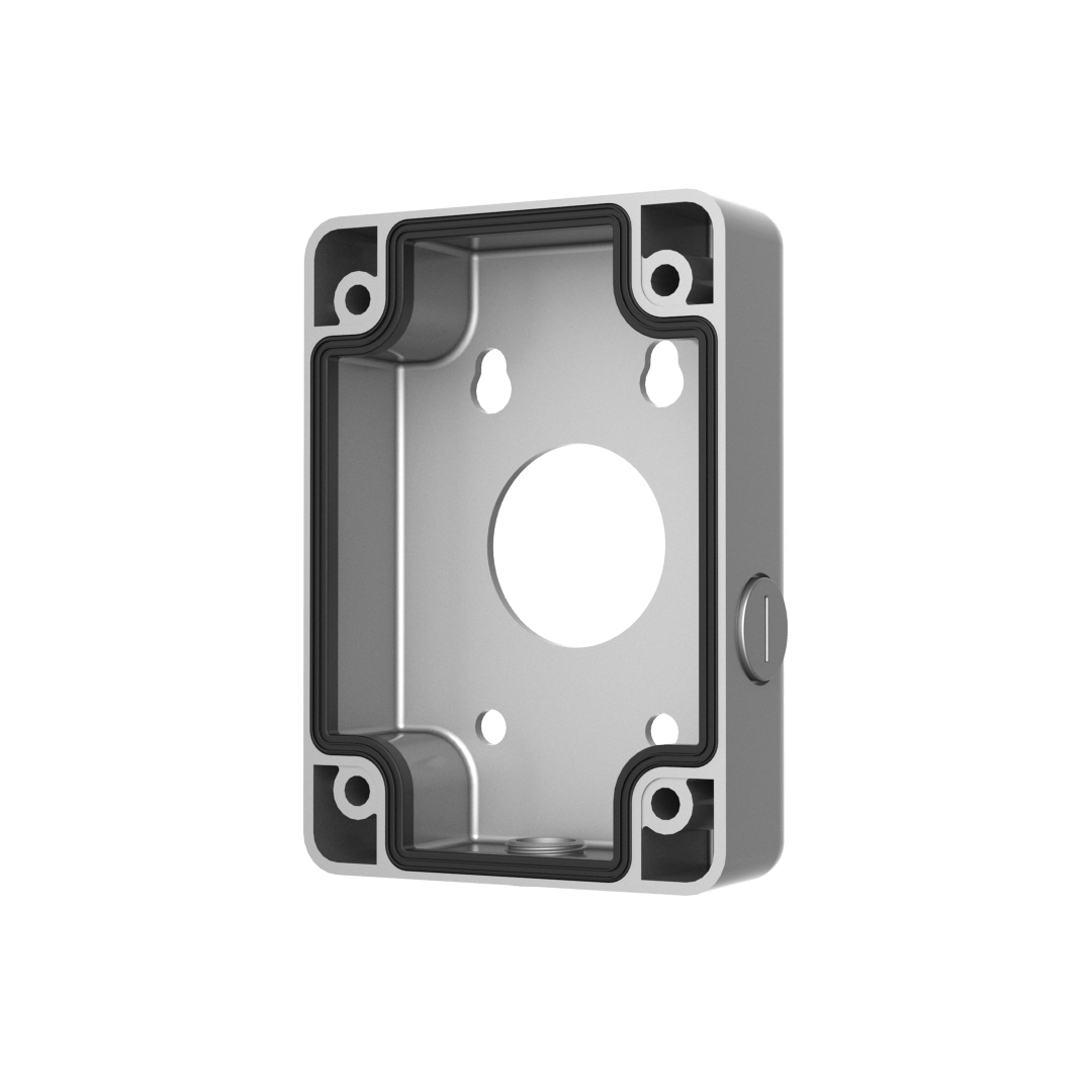 Zilveren Dahua PFA120-SG aluminium junction box voor cameramontage met zwarte afdichtring.