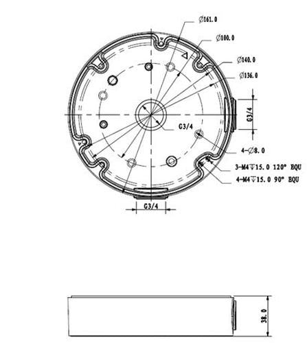 Technische lijntekening van de witte Dahua PFA138A V2 aansluitdoos met afmetingen van 161mm doorsnee en 38mm hoogte.
