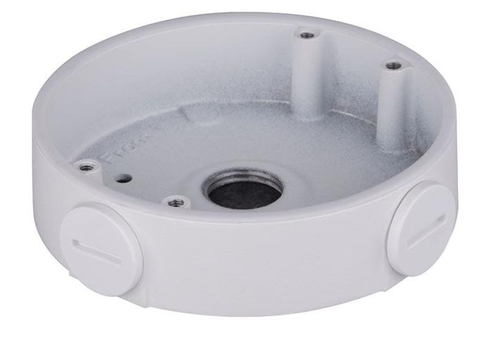 Witte, ronde aluminium montagebox voor Dahua dome camera's met kabeldoorvoer en weerbestendig design.