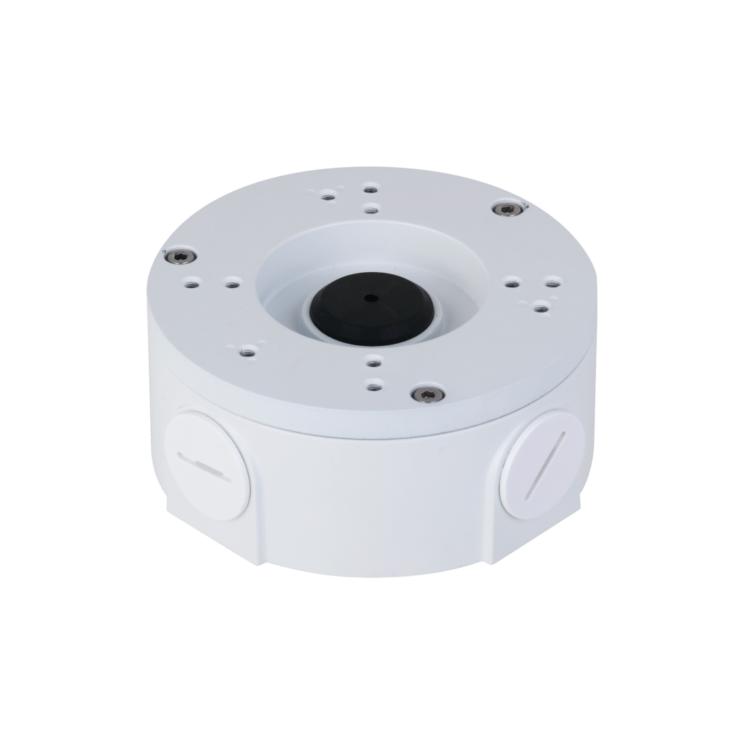 Witte, ronde Dahua PFA3310RA junction box van aluminium met kabeluitgangen voor buitenmontage van IP-camera's.