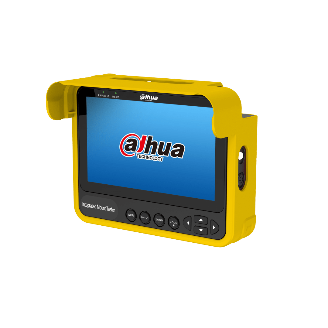 Dahua PFM904 compacte gele mount tester met scherm, zonnekap en bedieningsknoppen voor videobewakingssystemen.