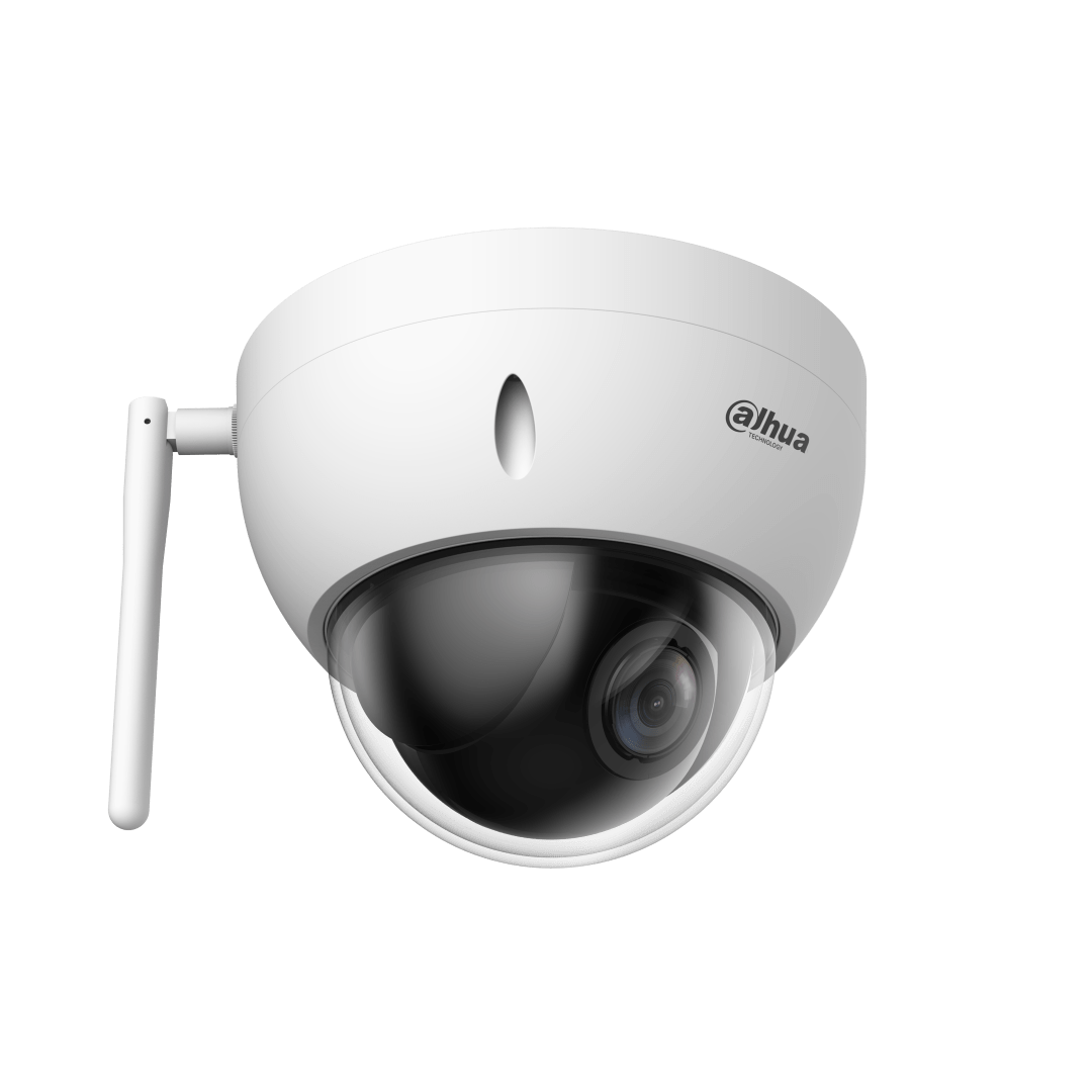 Witte Dahua PTZ mini speed dome camera met WiFi-antenne, 4x optische zoom en robuuste vandaalbestendige behuizing.