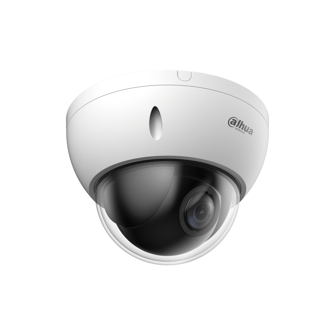 Witte Dahua WizSense mini PTZ dome camera met 2MP lens, 4x optische zoom en strak, compact design voor plafondmontage.