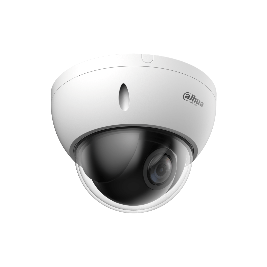 Witte Dahua WizSense mini PTZ dome camera met 4MP lens en transparante koepel voor professionele videobewaking.
