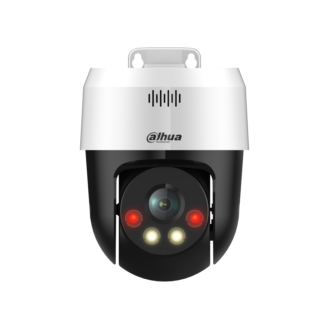 Witte Dahua 5MP mini PT dome camera met Smart Dual Light, luidspreker en actieve afschrikking.