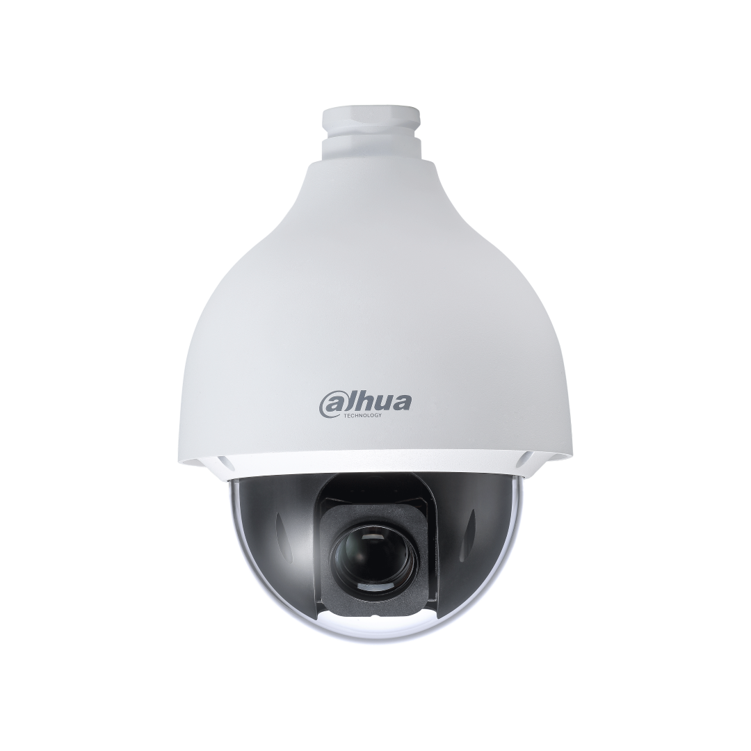 Witte Dahua WizSense PTZ speeddome camera met een zwarte glazen lensbehuizing voor professionele videobewaking.