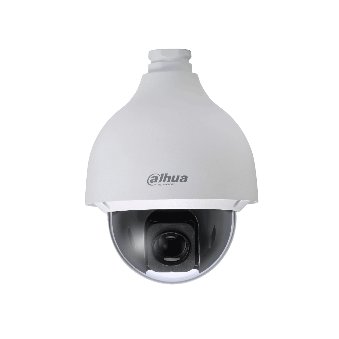 Witte Dahua WizSense PTZ speeddome camera met 32x optische zoom en transparante glazen koepel op witte achtergrond.