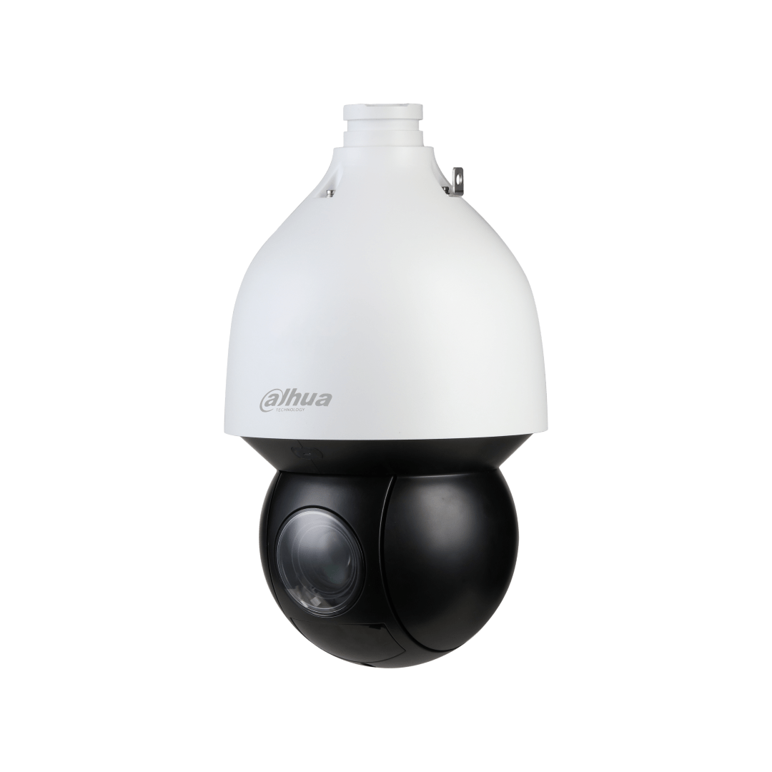 Dahua WizSense PTZ-camera met witte behuizing, zwarte draaibare lens en 25x optische zoom voor buitenbeveiliging.