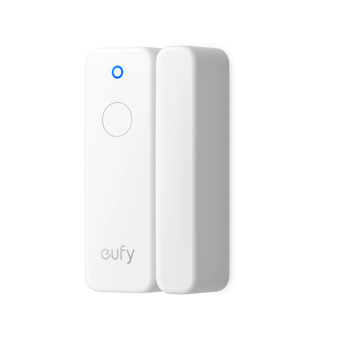 Witte Eufy Entry Sensor E20 voor deuren en ramen met een compact, draadloos design en blauw statuslampje.