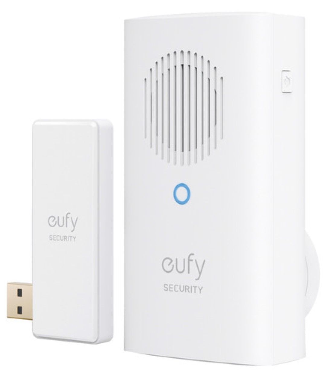 Witte Eufy draadloze deurbelgong met USB-dongle voor HomeBase en instelbare volumeknop.