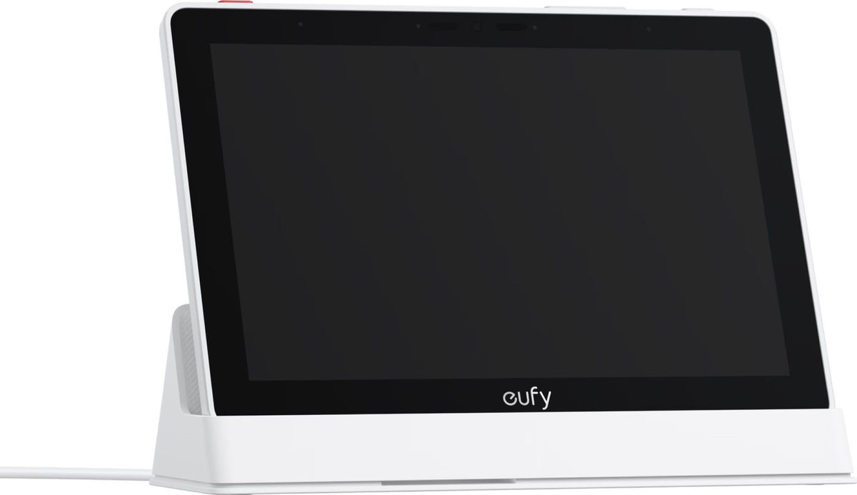Witte Eufy Smart Display E10 met 8-inch HD-touchscreen in een strakke, moderne standaard voor beveiligingscamera's.