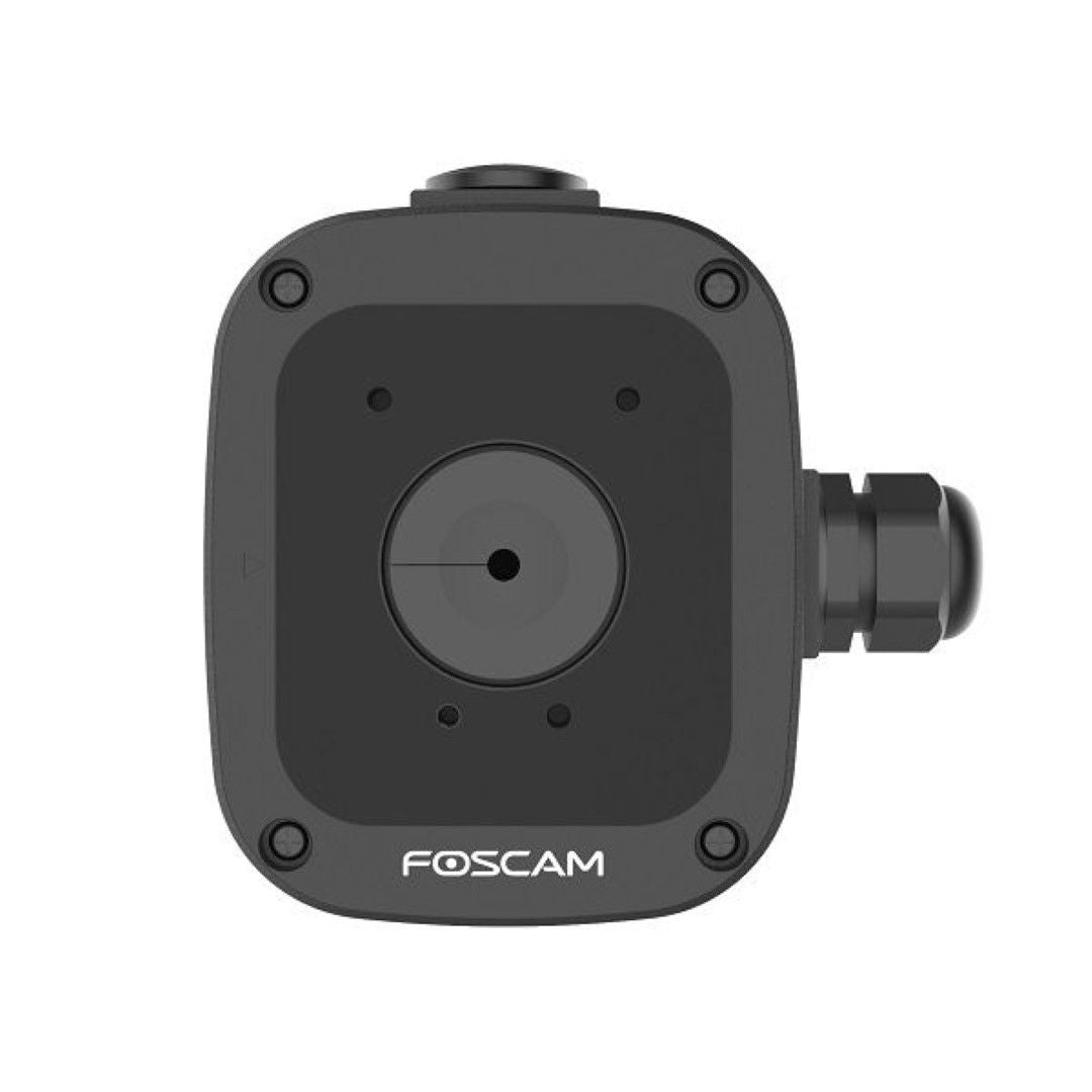 Zwarte Foscam FABS2 waterdichte lasdoos voor SD2 en SD4 camera's met kabelwartel voor buitenmontage.