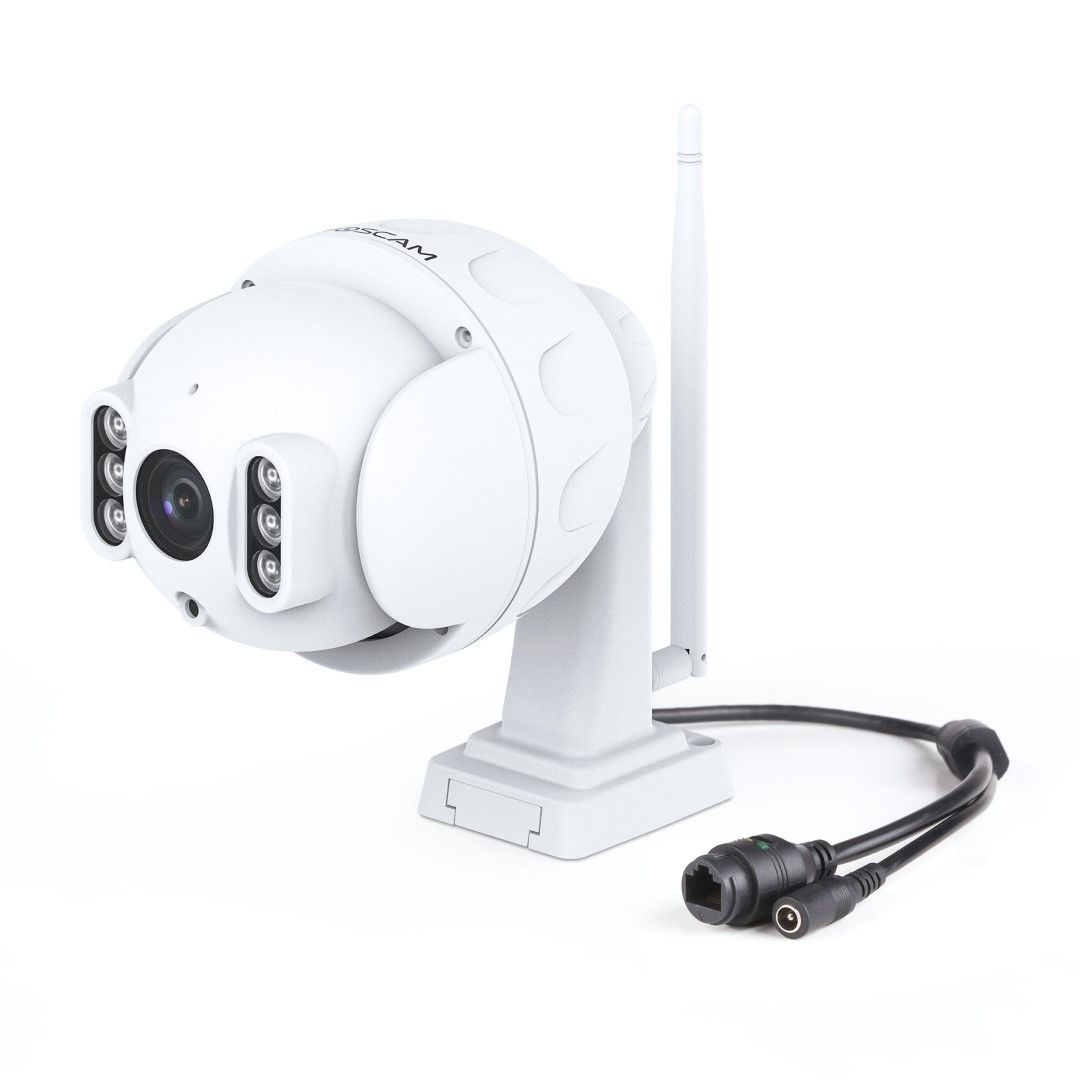 Witte Foscam SD4 PTZ-beveiligingscamera met 4MP lens, infrarood nachtzicht, WiFi-antenne en bekabelde aansluiting.