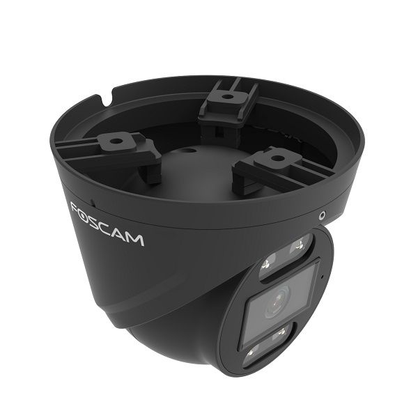 Zwarte Foscam T8EP 4K PoE turret beveiligingscamera met spotlight en AI-detectie voor buitenmontage.