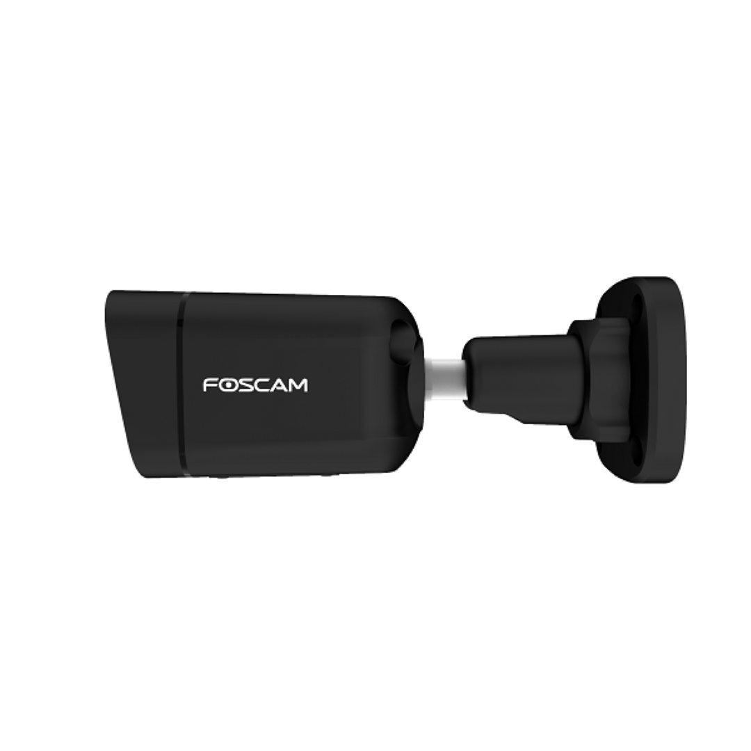 Zwarte Foscam V4EC PoE bullet beveiligingscamera met verstelbare muurbeugel voor buiten.