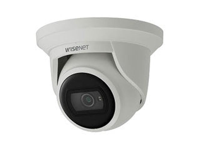 Wisenet witte 4MP outdoor dome beveiligingscamera met vaste lens en compact design.
