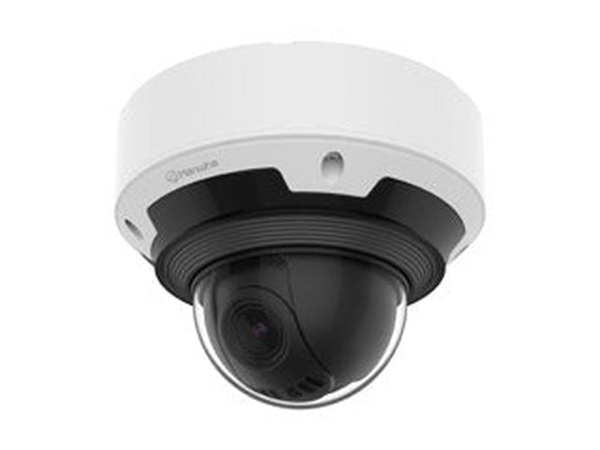 Witte Hanwha PNV-A7082RZ 4MP dome beveiligingscamera met varifocale lens en robuuste behuizing voor buiten.
