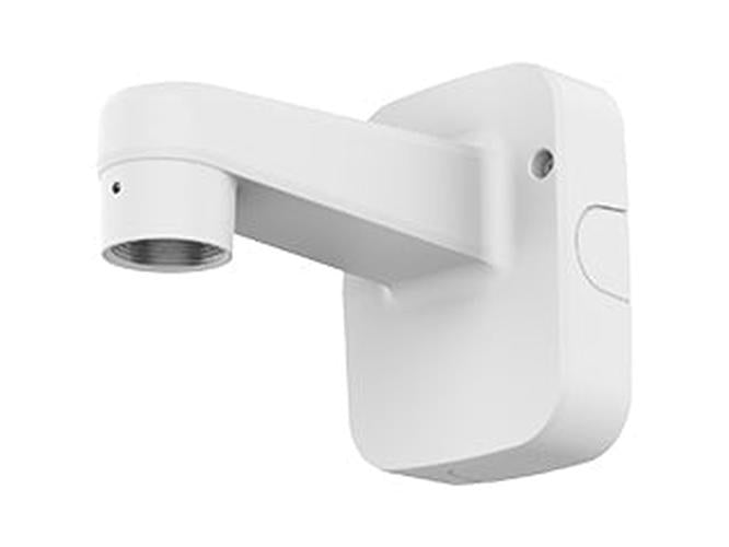 Witte Hanwha SBP-200WMW wandmontagebeugel voor beveiligingscamera's met robuust ontwerp.