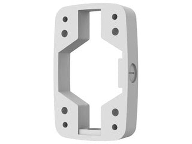 Witte Hanwha SBP-300BW1 aluminium muurbeugel voor beveiligingscamera's met rechthoekig design en montagegaten.
