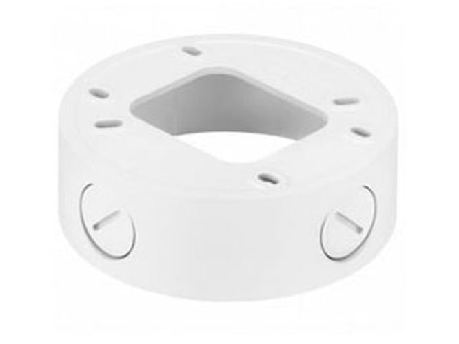 Witte, ronde Hanwha SBV-120GW aluminium wandbeugel voor beveiligingscamera's met montagegaten.