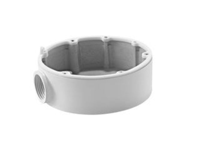 Witte Hikvision DS-1280ZJ-DM18 aluminium aansluitdoos voor dome camera's met ronde behuizing en kabeldoorvoer.