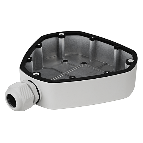 Witte aluminium aansluitdoos voor Hikvision dome camera's met kabelwartel en robuuste behuizing.