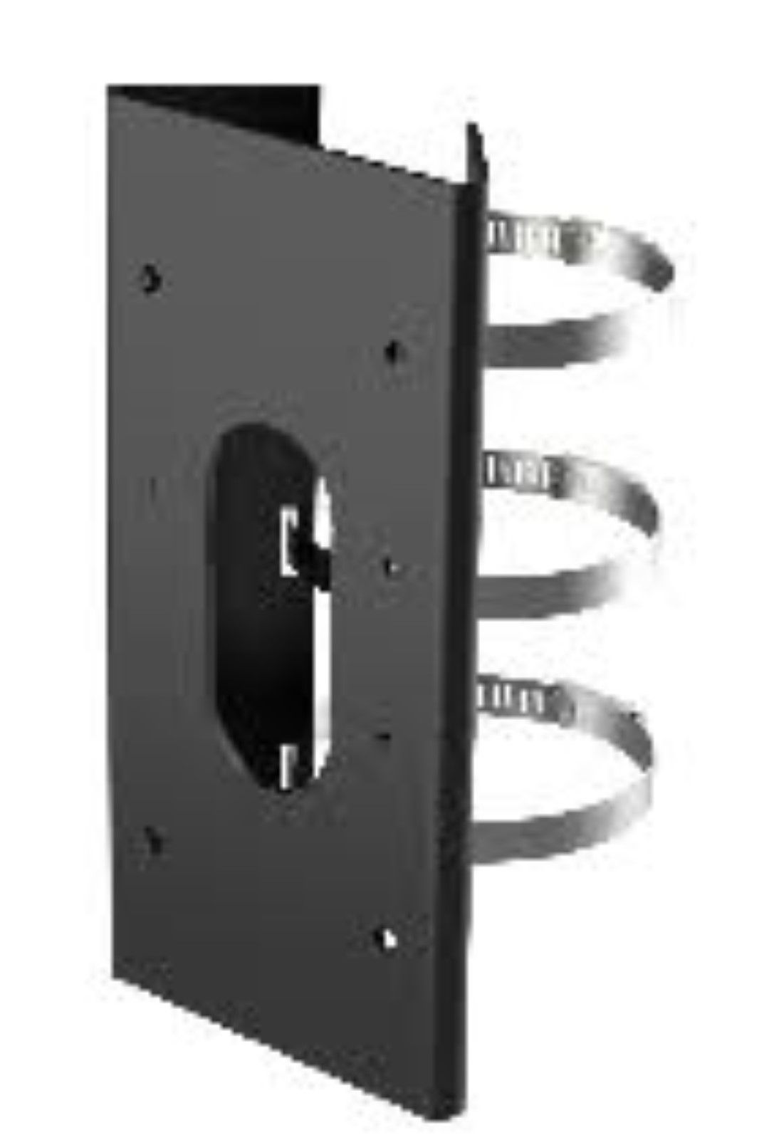 Zwarte Hikvision DS-1475ZJ-SUS paalbeugel van roestvrij staal met drie metalen bevestigingsbanden voor buitenmontage.