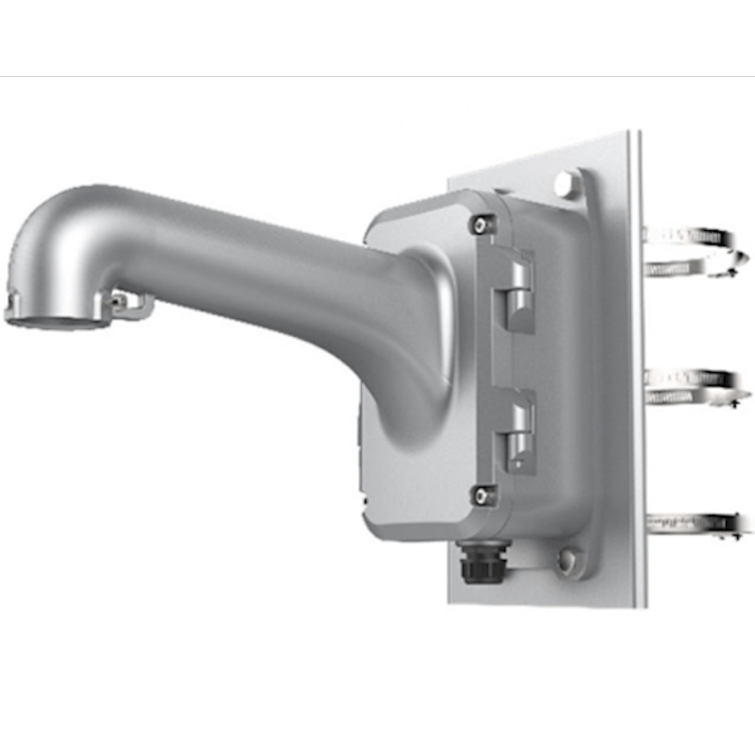 Witte Hikvision DS-1604ZJ-Pole-P paalbeugel voor PanoVu camera's met metalen montageplaat en drie verstelbare klembanden.