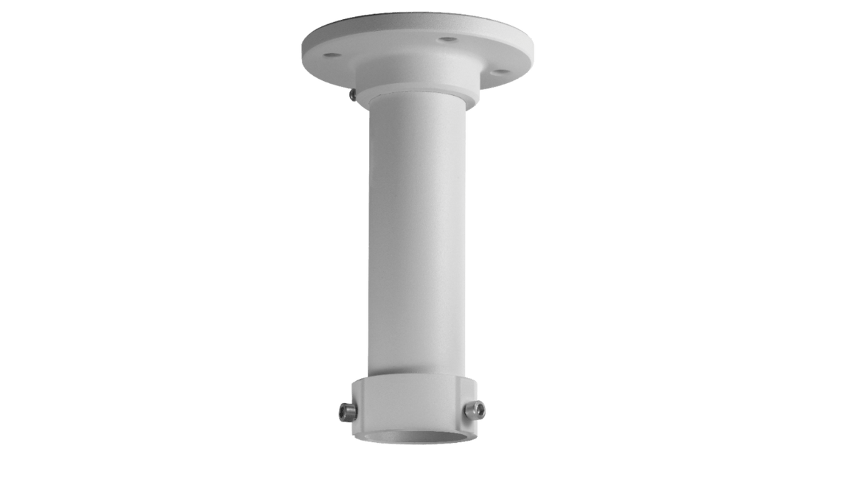 Witte aluminium hangbevestiging voor Hikvision dome camera's met plafondplaat en 200 mm buis.