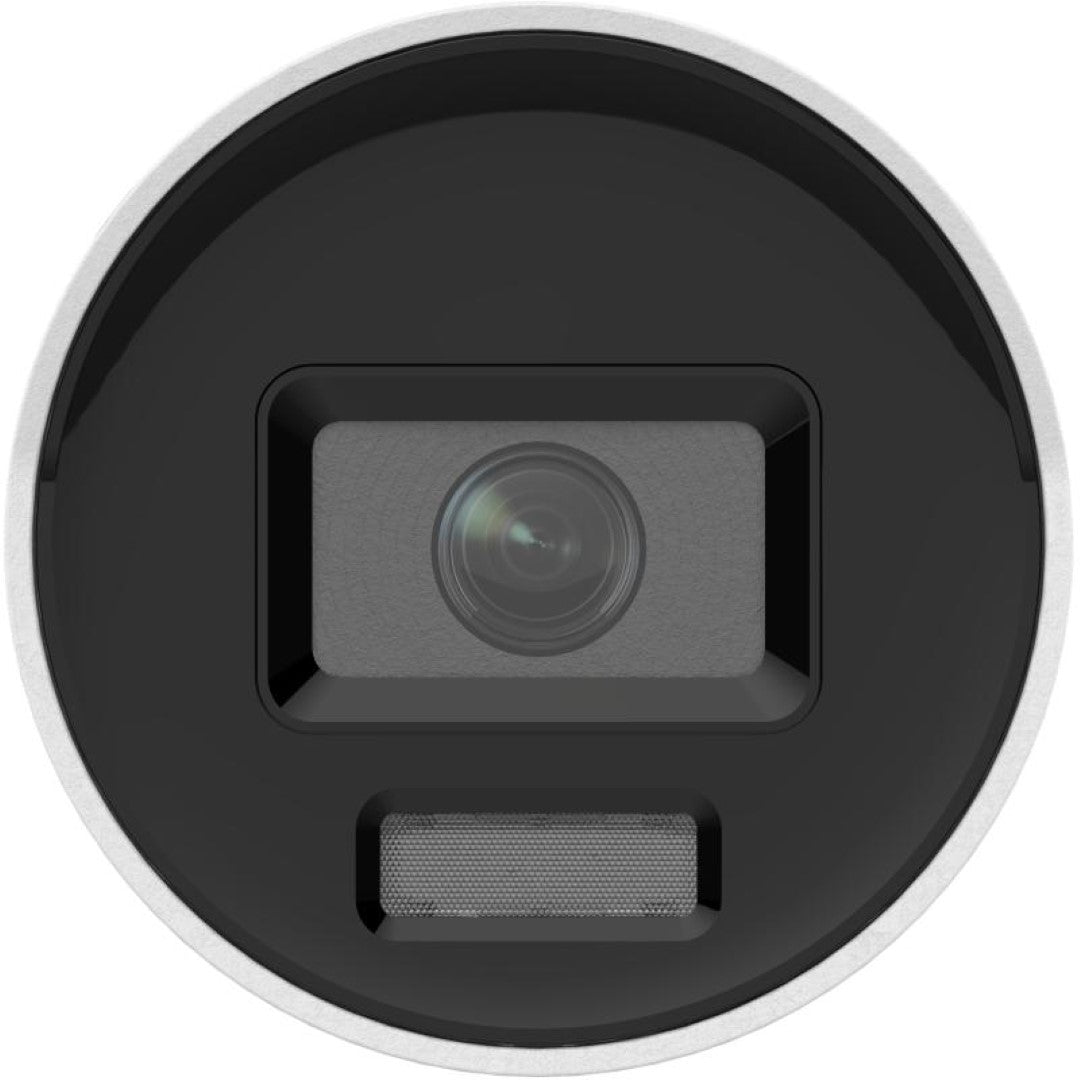 Witte Hikvision 12MP bulletcamera met lens, microfoon en stroboscoop voor actieve beveiliging.